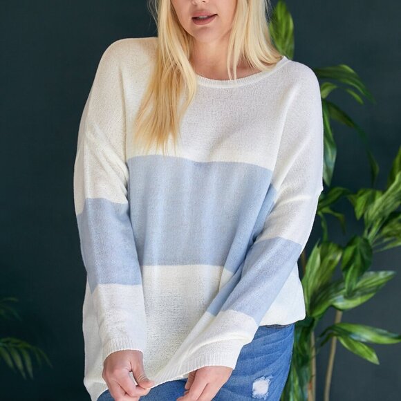 DAVI & DANI Plus Size Light Blue & White Colorblock Lightweight Sweater, Casual - Picture 8 of 9